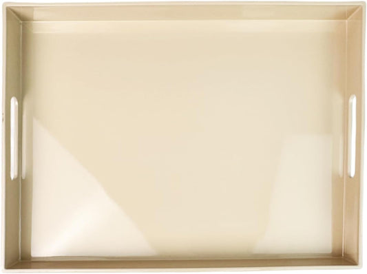 Beige Decorative Tray, Rectangular Large Serving Tray with Handles, Plastic Coffee Table Tray for Ottoman, Living Room, Kitchen Tabletop, 15.7” x 11.8” x1.6”
