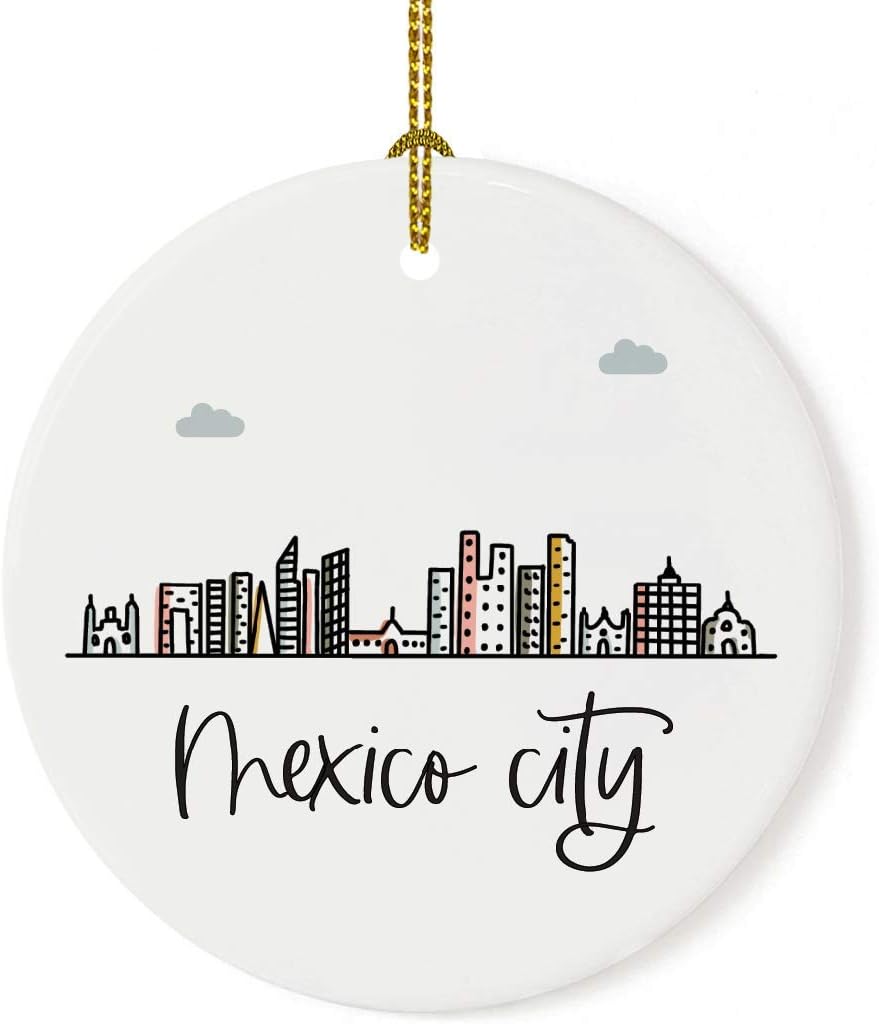Andaz Press Round Ceramic Porcelain Christmas Tree Ornament Keepsake Gift, Mexico City, Colorful International City Skyline Graphic, 1-Pack, Birthday Family Coworker Him Her, Gift Box
