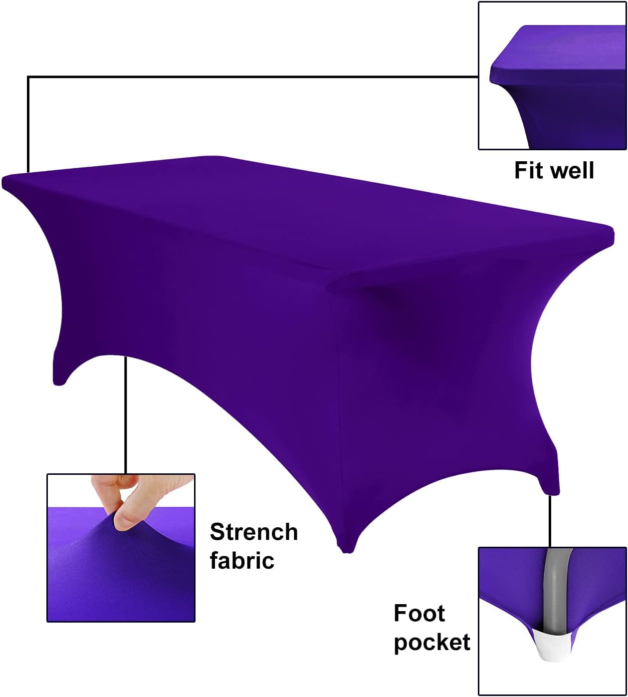 4Pack Spandex Waterproof Table Covers 8ft，Spandex 8ft Waterproof Table Cover for Party,Wedding, Banquet, and Events(Purple)