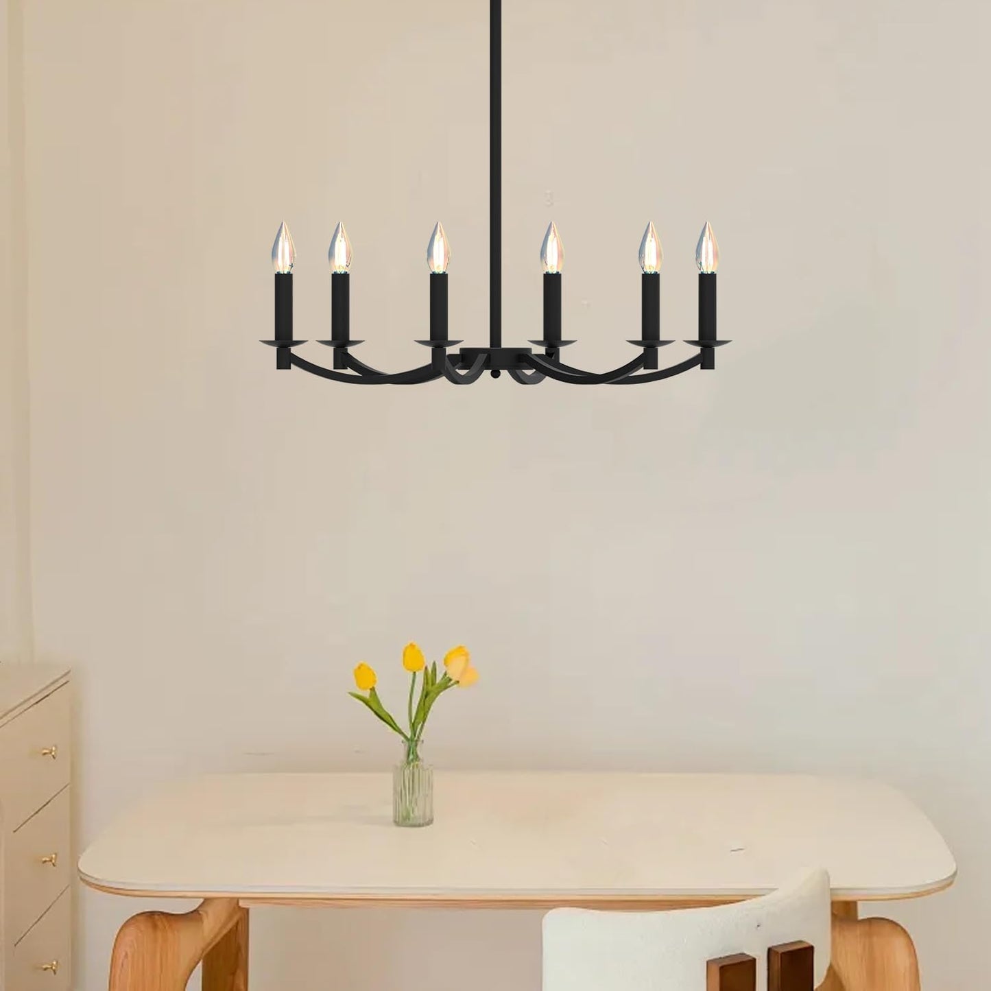 Modern Black Chandelier, Round LED Ceiling Hanging Lamp, Farmhouse Candle Pendant Light Fixtures for Bedroom Living Room Dining Room Kitchen Island (Black-A 6Lights)