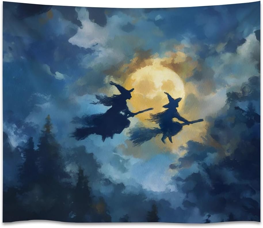 Spooky Halloween Witch Tapestry Wall Hanging Dark Fantasy Night Sky Aesthetic Print Flying Witches Under Full Moon Tapestries Horror Ghost Halloween Party Decor for Living Room Bedroom 40x60inch