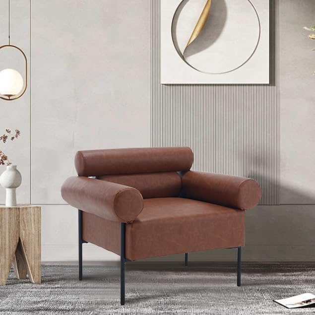 Modern Accent Chair, Single Sofa Accent Chair for Living Room, Upholstered Leather Mid-Century Modern Armchair, Oversized Reading Chair with Channel Tufted for Bedroom, Office, Brown