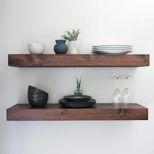 Modern Floating Shelves 3 Inches Thick for Wall, Wide Shelves for Kitchen, Living Room, Bedroom, and Bathroom, Natural Pine Wood, Rustic Wooden Shelf, (Set of 2) (Provincial, 48Lx3Hx8D)