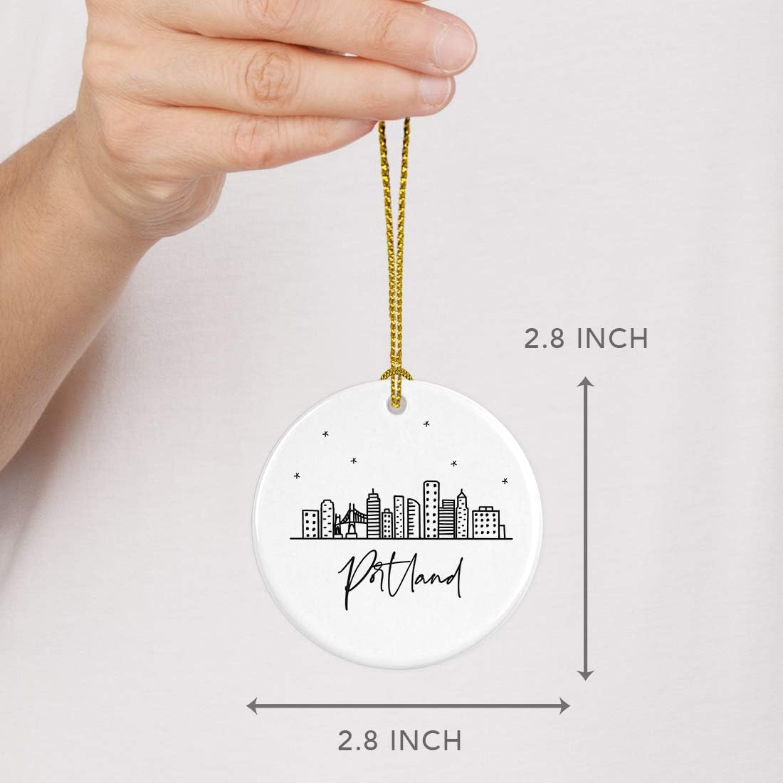 Andaz Press Round Ceramic Porcelain Christmas Tree Ornament Keepsake, Portland Black and White Stars City Skyline Graphic, 1-Pack, Birthday Gift Idea for Family, Coworker Him Her, Includes Gift Box