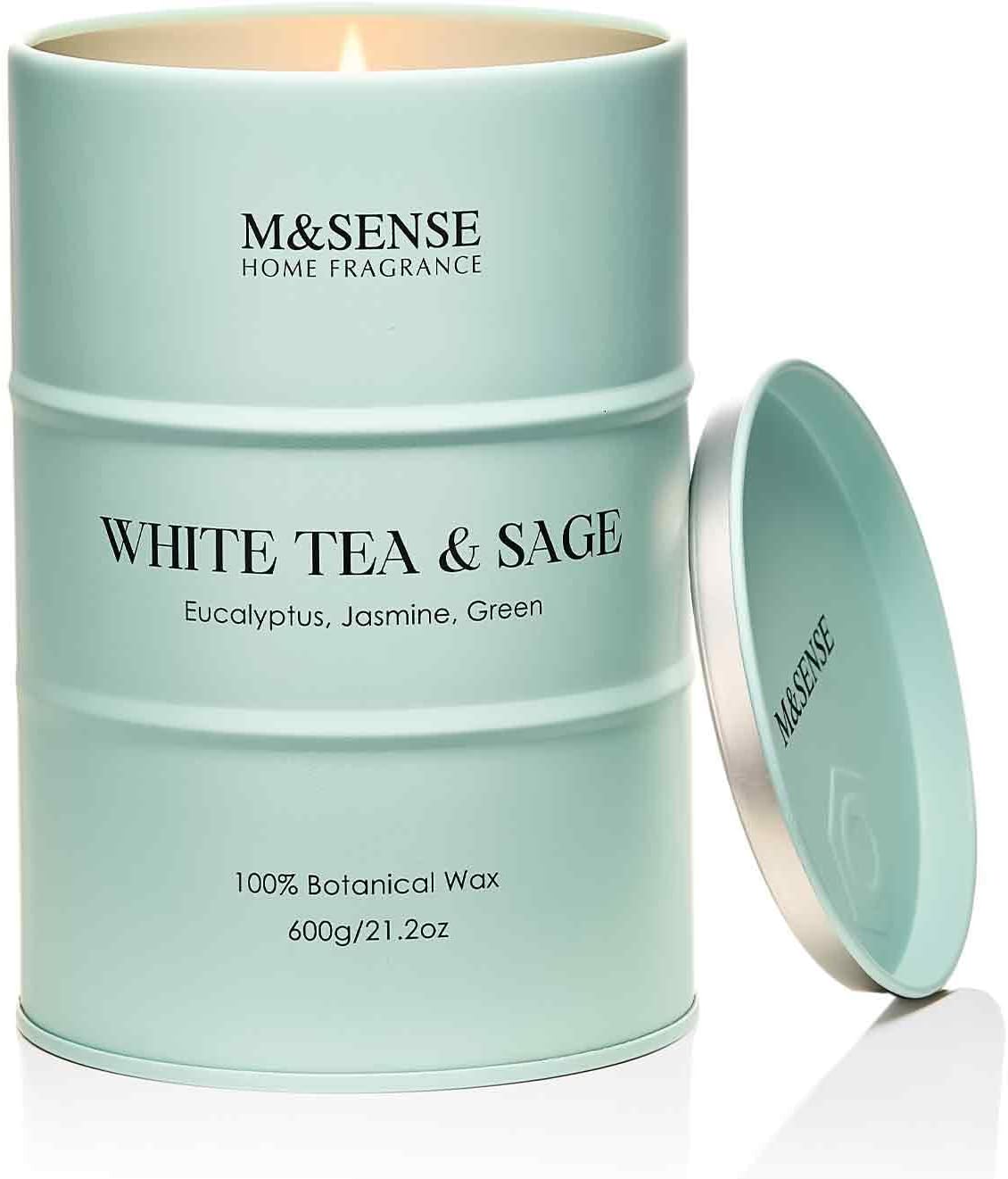 M&SENSE White Tea Sage Scented Candles Large, Natural Soy Candles 21.2oz 120 Hour Slow Burning,Aromatherapy Candle for Stress Relief Meditation Relaxing