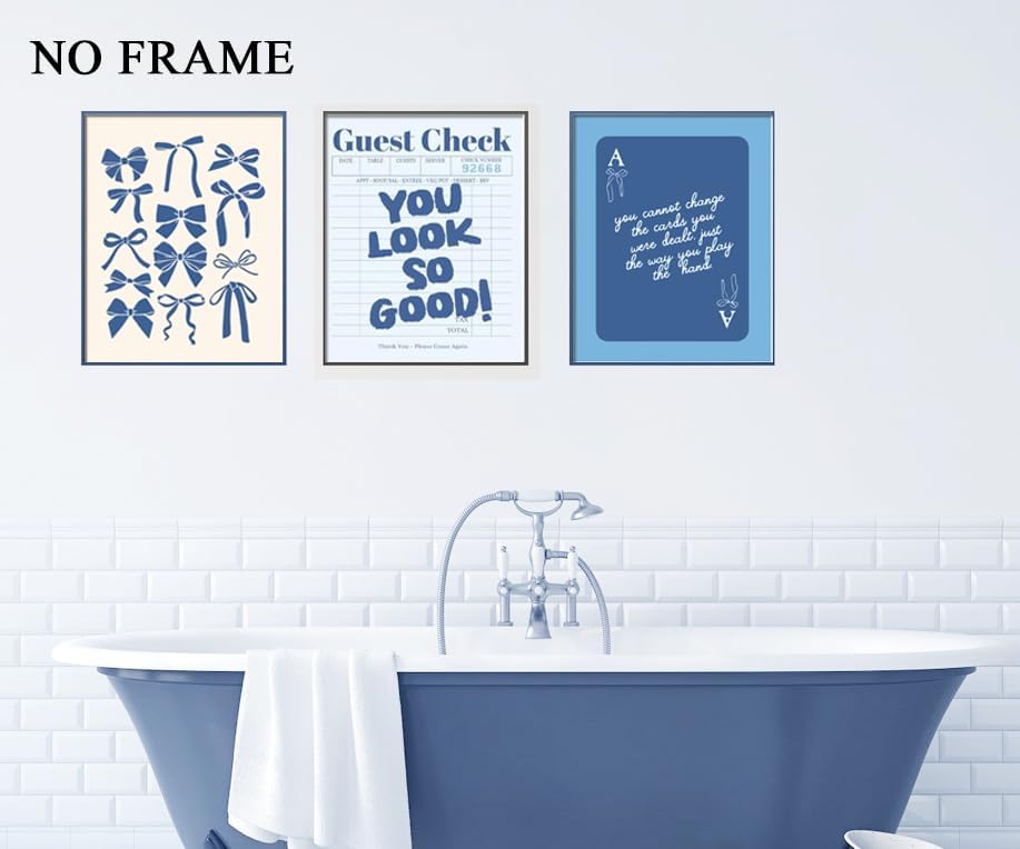 Blue Preppy Wall Art Set of 3 Trendy Navy Bow Posters Retro Guest Check Canvas Prints Poker Painting Minimalist Positive Quote Picture Decor Aesthetic for Living Room Dorm Apartment 12x16in Unframed