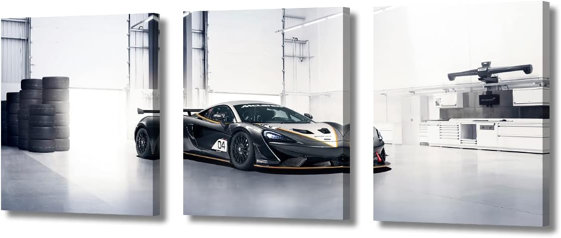 Canvas Prints Black Sports Car Wall Art Modern Home Decor Speed Racing Car Poster Living Room Bedroom Decoration 3 Pieces Black and White Supercar Artwork Painting Framed Ready to Hang, 36"Wx16"H