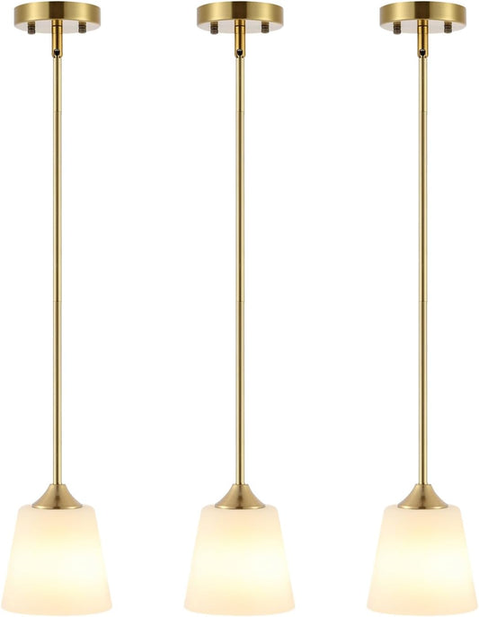 Modern Gold Pendant Light 3 Pack Brushed Brass Mid Century Chandelier White Cylinder Glass Shades Adjustable Rods Farmhouse Ceiling Hanging Lighting Fixture Kitchen Island Dining Room Bedroom