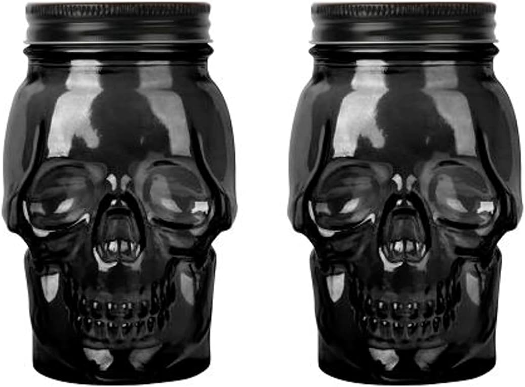 Set of 2 Skull Mason Jar Glasses with Lids | 16oz Reusable Halloween Drinking Glasses | Unique Skull Décor, Storage, & Canning Jars for Parties & Gifts