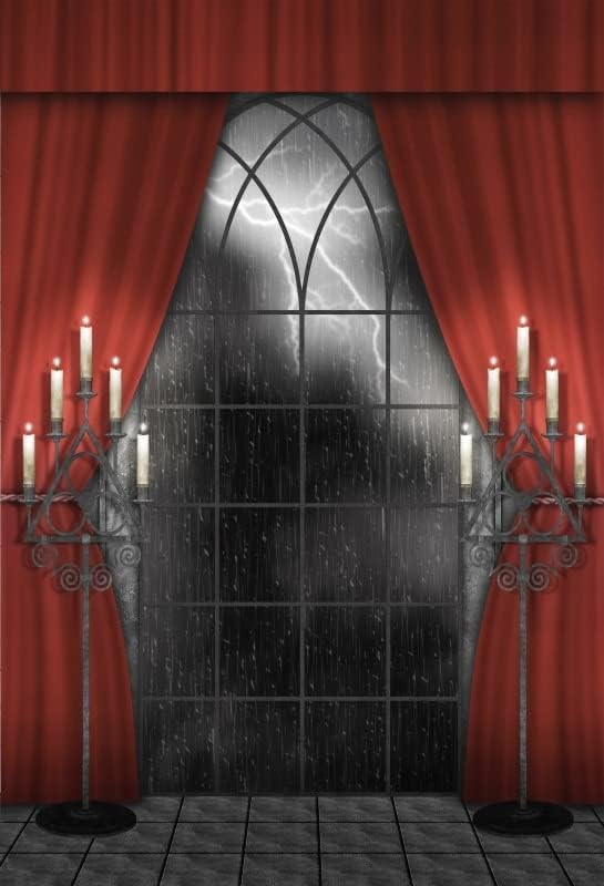 Renaiss 4x6ft Vintage Gothic Window Backdrop Red Curtain Candlestick Black Floor Lightning Stormy Sky Vampire Medieval Castle Photography Background Halloween Dress Up Party Decors Photo Booth Props