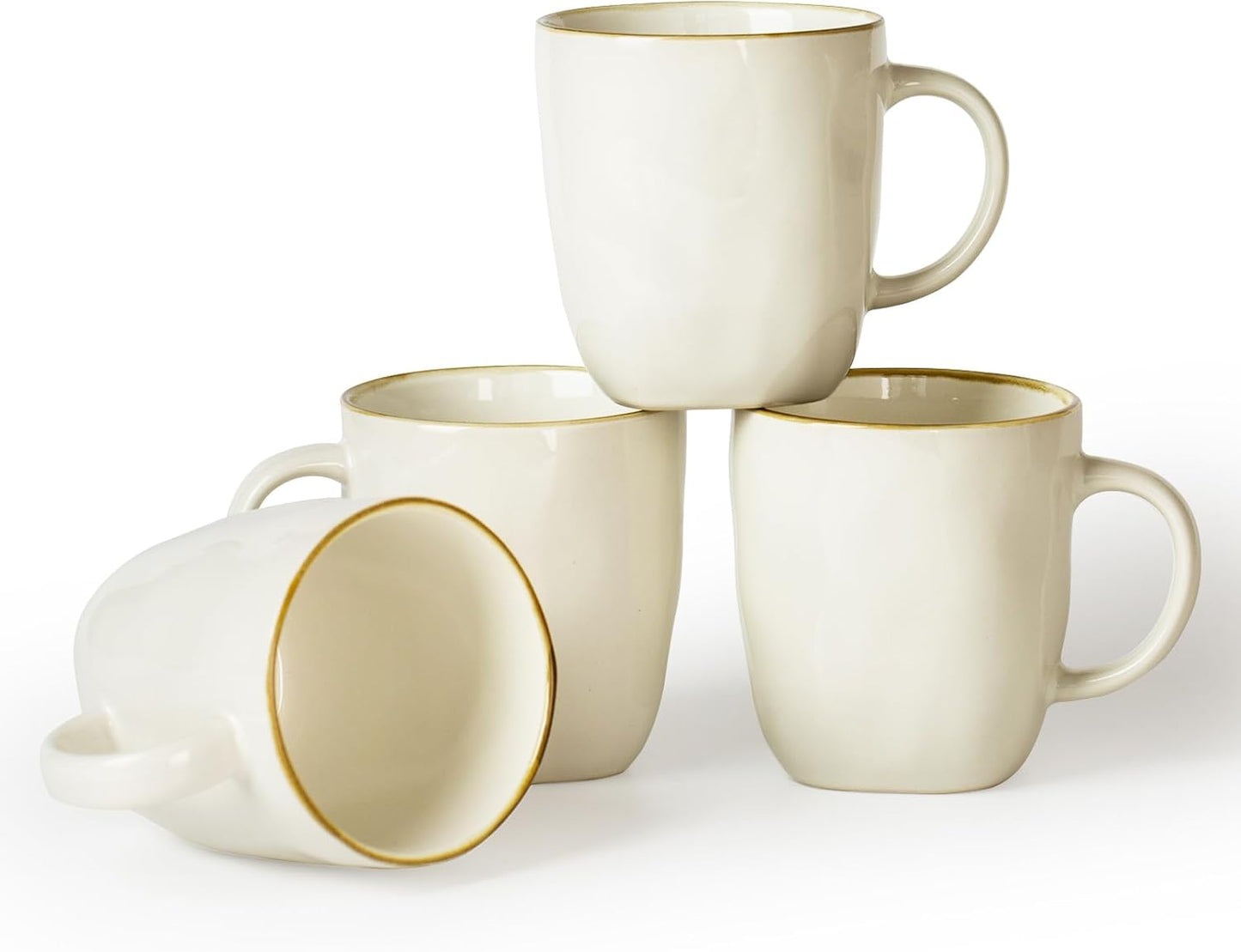 famiware Coffee Mugs Set of 4, Ocean Square 13oz Coffee Cup Set with Handle for Cocoa, Milk, Hot Chocolate, Tea, Water, Stoneware Cups for Kitchen, Microwave and Dishwasher Safe, Vanilla White