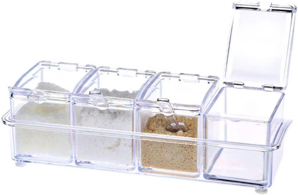 Clear Seasoning Box - 4 Piece Acrylic Spice Storage Container storage Tool for Kitchen Herb Spice Tools Gadgets-Cruet with Lid and Spoon