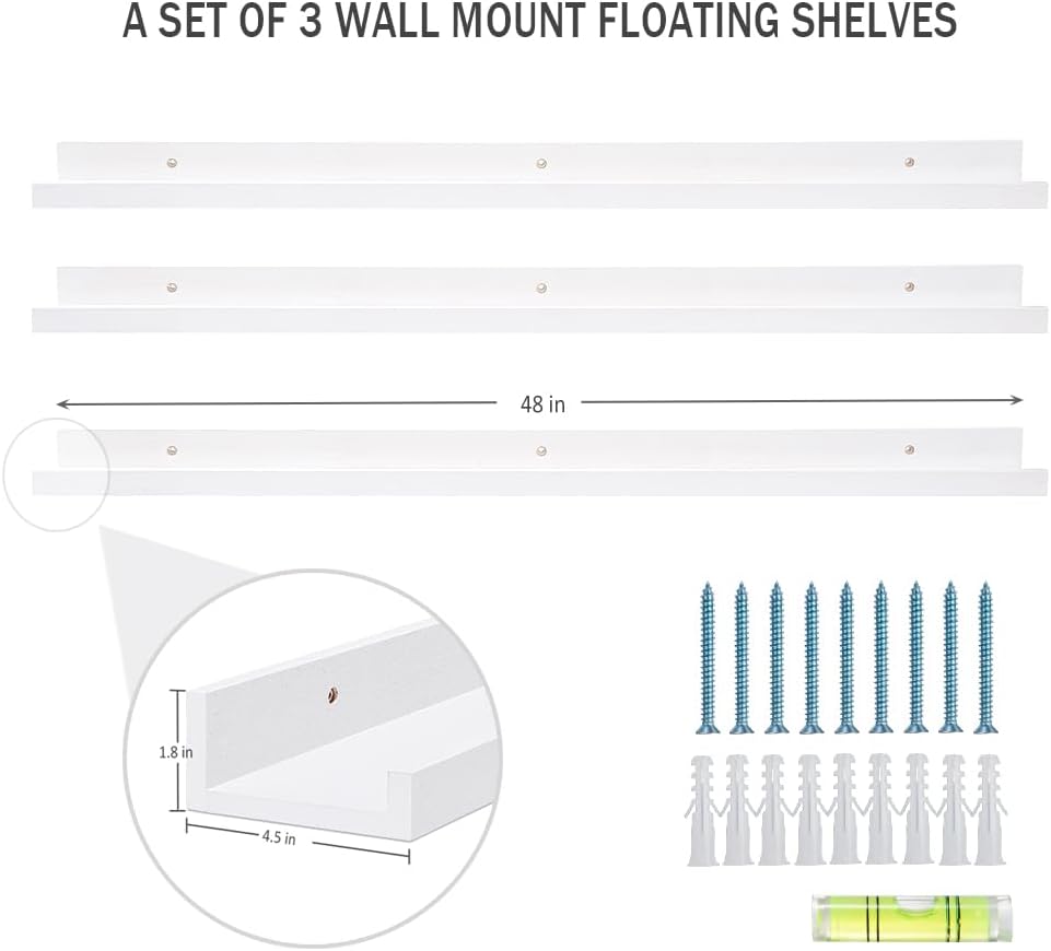 AZSKY 48 Inch White Large Picture Ledges Wood Photo Display Shelf Long Shallow Picture Shelf for Pictures with Lip Wall Mounted Set of 3 for Living Room Bedroom Bathroom Kitchen Same Sizes
