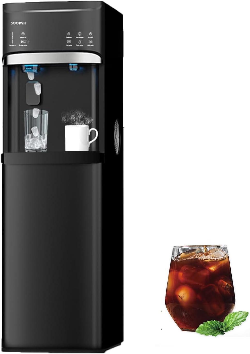 Self Cleaning Hot and Cold Bottom Load Water Cooler Dispenser with Ice Maker for 5 Gallon 3 Temperature Settings 22lbs Daily Capacity Black