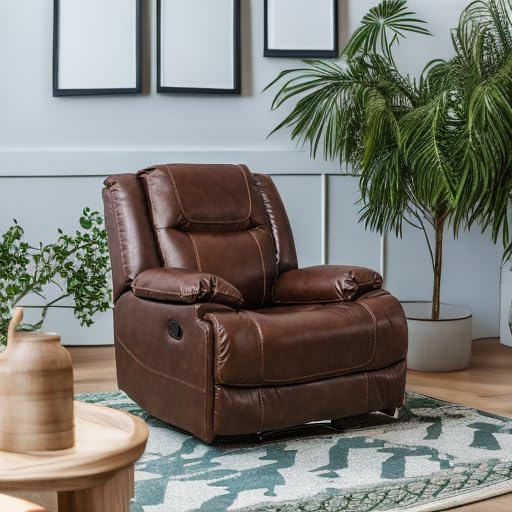 EBELLO Genuine Leather Manual Recliner Chair, Reclining Sofa Chair Couch for Living Room, Bedroom Furniture, Meeting Room, Brown