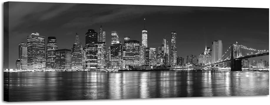 Wieco Art New York Manhattan Night View in Black and White Giclee Canvas Prints Modern Stretched and Framed Art work Cityscape Pictures Paintings on Canvas Wall Art for Bedroom Home Decorations