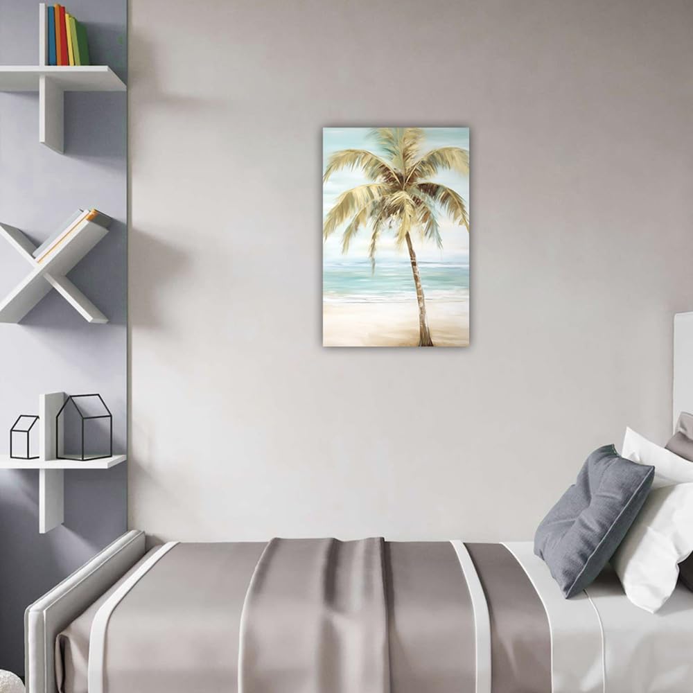 LURENCZH Tropical Beach Canvas Wall Art Seaside Palm Tree Picture Wall Decor Ocean Scenery Painting Prints for Bathroom Decor Framed(Beach-1,16.00" x 24.00")