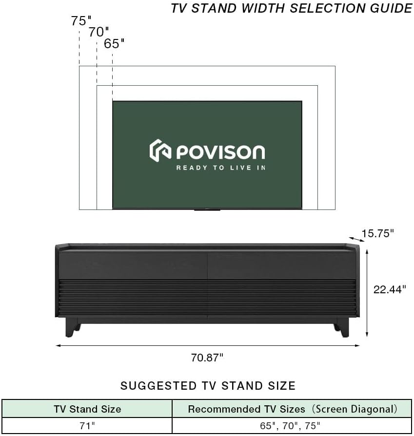 POVISON Fully-Assembled Mid Century Modern TV Stand with Legs, Wood Media Console with Adjustable LED Light for 65-inch TVs, Entertainment Center with Storage for Living Room