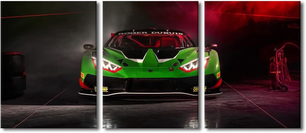 TUMOVO Green Sports Car Pictures for Living Room Supercar Speed Car Canvas Wall Art House Decor Hypercar Modern Office Wall Decor 3 Panels Framed Large Wall Art for Home Teen Boys Bedroom, 36" Wx16 H