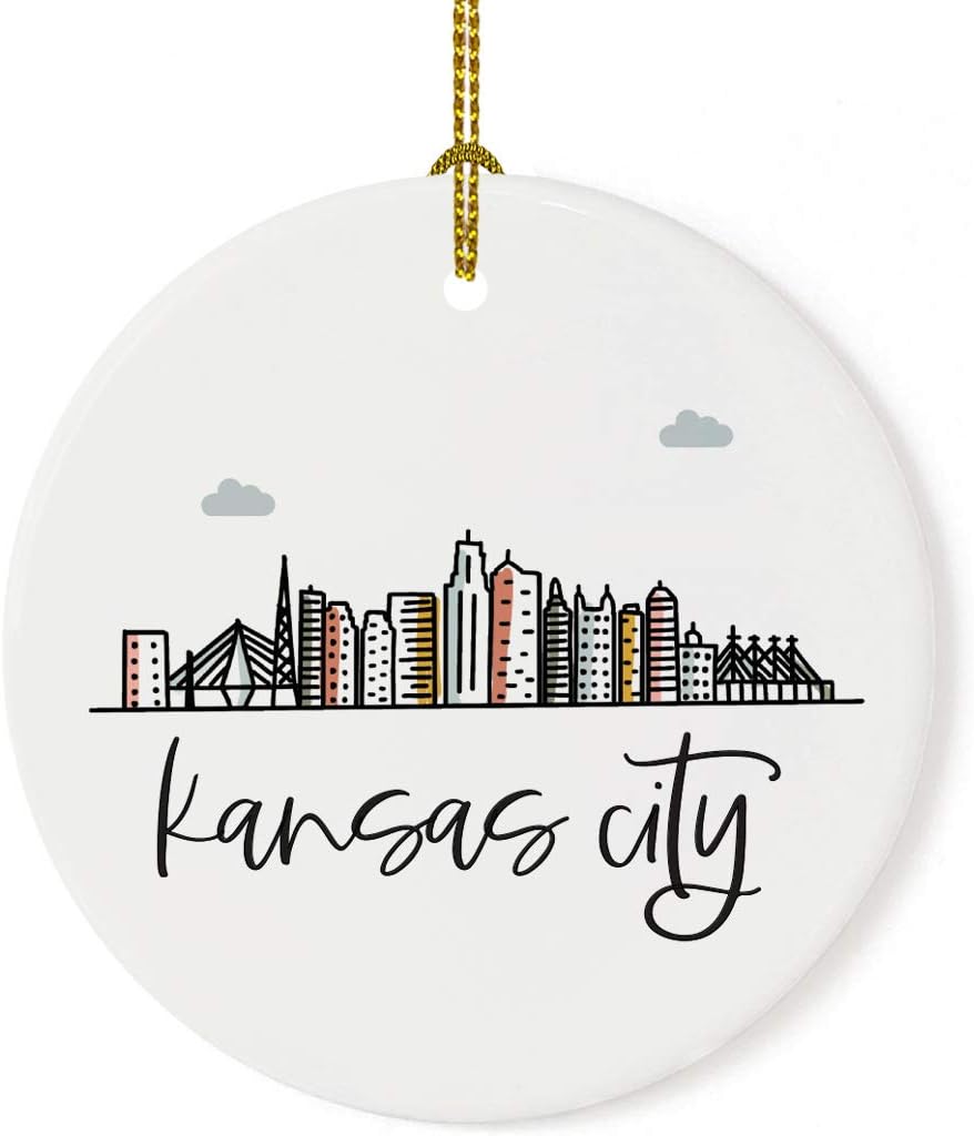 Andaz Press Round Ceramic Porcelain Christmas Tree Ornament, Colorful Kansas City Skyline 1-Pack, Birthday & for Family & Coworkers, Includes Box