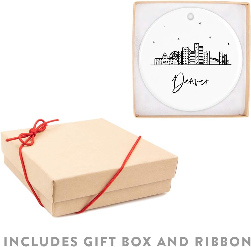 Andaz Press Round Ceramic Porcelain Christmas Tree Ornament Keepsake, Denver Black and White Stars City Skyline Graphic, 1-Pack, Birthday Gift Ideas Family Coworker Him Her, Includes Gift Box