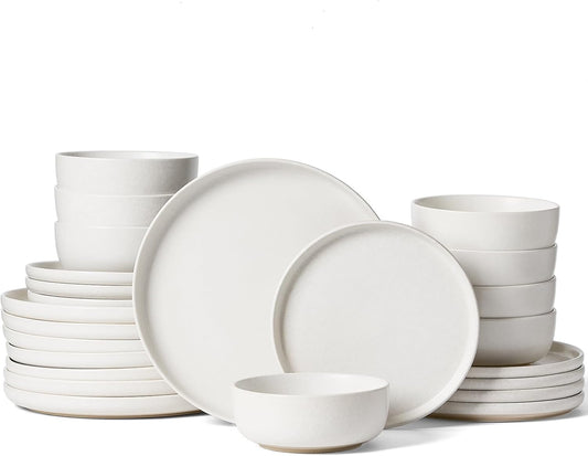 Famiware Milkyway Plates and Bowls Sets, 24 Pieces Dinnerware Sets, Reactive Glaze Dish Set, Stoneware Dishes Set for 8, Matte White