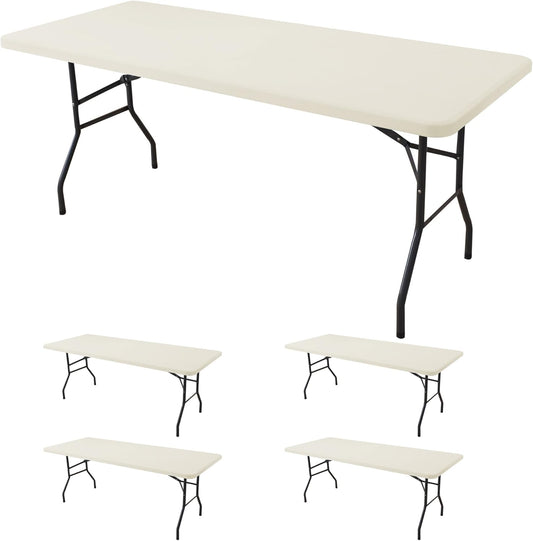 Fitted Tablecloth for 6 Foot Rectangle Tables-4 Pack Cream Elastic Outdoor Picnic Table Cover-Spandex Stretch Folding Table Cloths 6 ft for Camping Dining Room Patio Kitchen Banquet Party