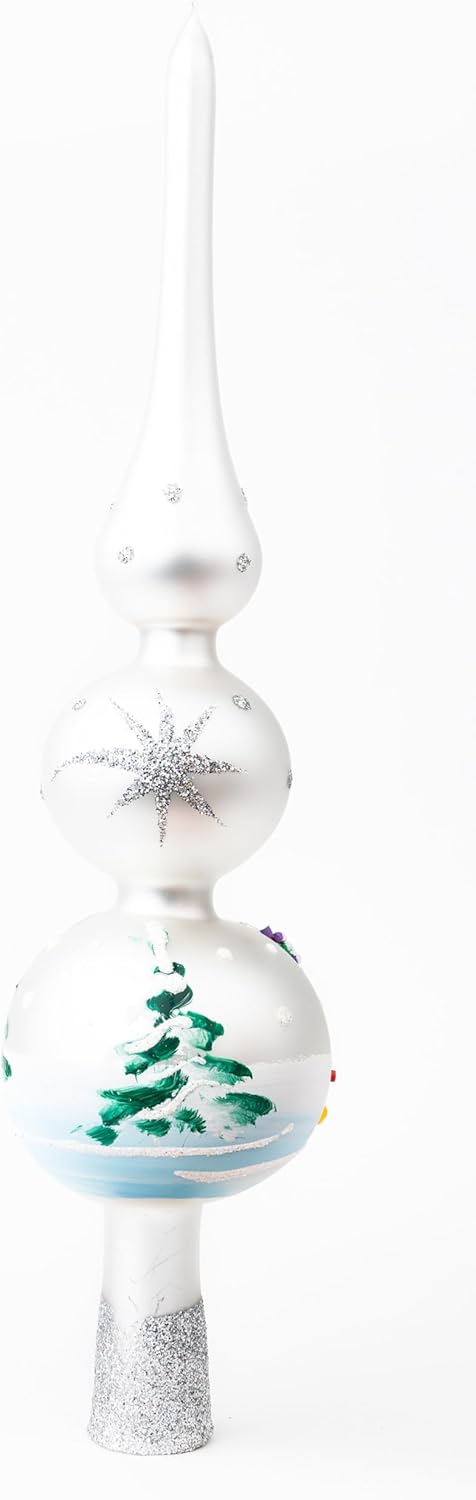 Christmas Tree Topper Spitz Glass Mouth Blown Hand-Decorated Embellishments (Silver, 12 inch)