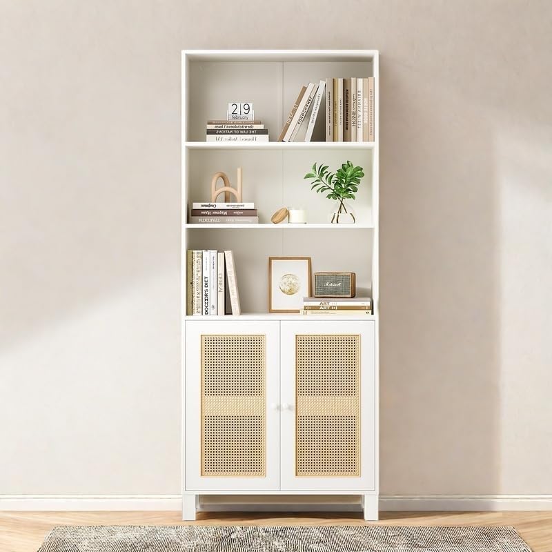 Tall Bookshelf, 5-Tier Book Shelf with 2 Rattan Doors, Freestanding Bookcase Display Shelves with Large Storage, Book Case for Living Room, Office, Study, Bedroom, 70.9 Inch