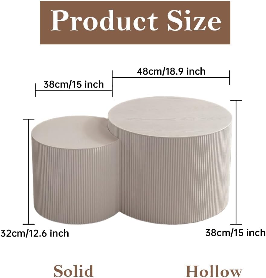 Round Nesting Coffee Table Set of 2 Modern White Fluted Coffee Table Small Round End Table Crescent Side Table Circular Coffee Tables Nested Coffee Tables for Living Room (Cream Small)