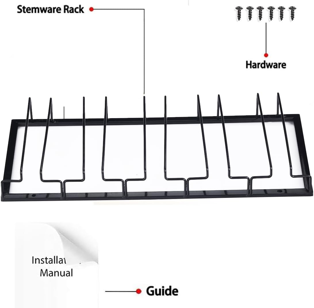 Wine Glass Rack - Under Cabinet Stemware Wine Glass Holder Glasses Storage Hanger 1 Pack Metal Organizer for Bar Kitchen 5 Rows Black