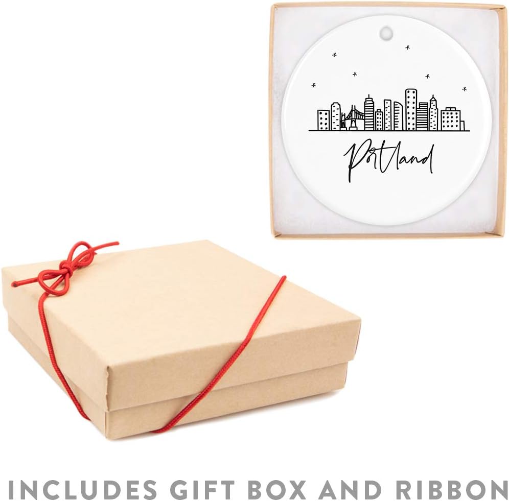 Andaz Press Round Ceramic Porcelain Christmas Tree Ornament Keepsake, Portland Black and White Stars City Skyline Graphic, 1-Pack, Birthday Gift Idea for Family, Coworker Him Her, Includes Gift Box