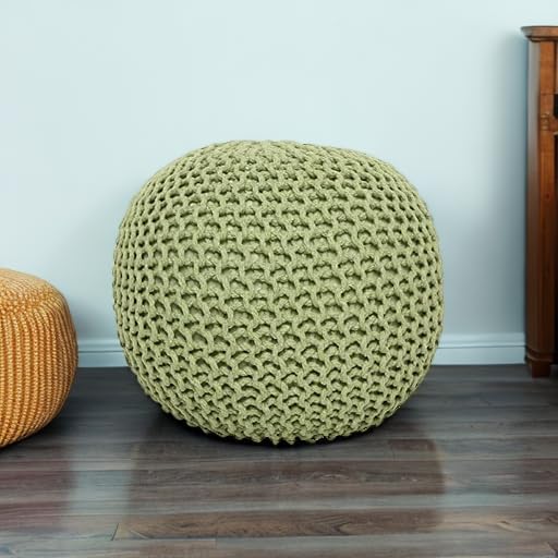 REDEARTH Round Pouf Foot Stool Ottoman - Cotton Knitted Cord Boho Pouffe - Cable Poof Filled Footrest Stuffed for Living Room - Nursery - Bedroom - Patio - Lounge (19.5"x19.5"x14") - Kiwi