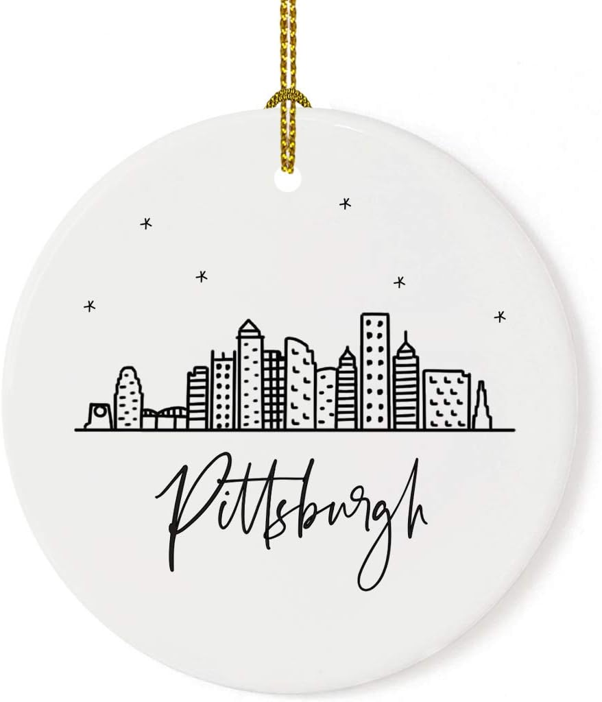 Andaz Press Round Ceramic Porcelain Christmas Tree Ornament Keepsake, Pittsburgh Black and White Stars City Skyline Graphic, 1-Pack, Birthday Gift Family Coworker Him Her, Includes Gift Box