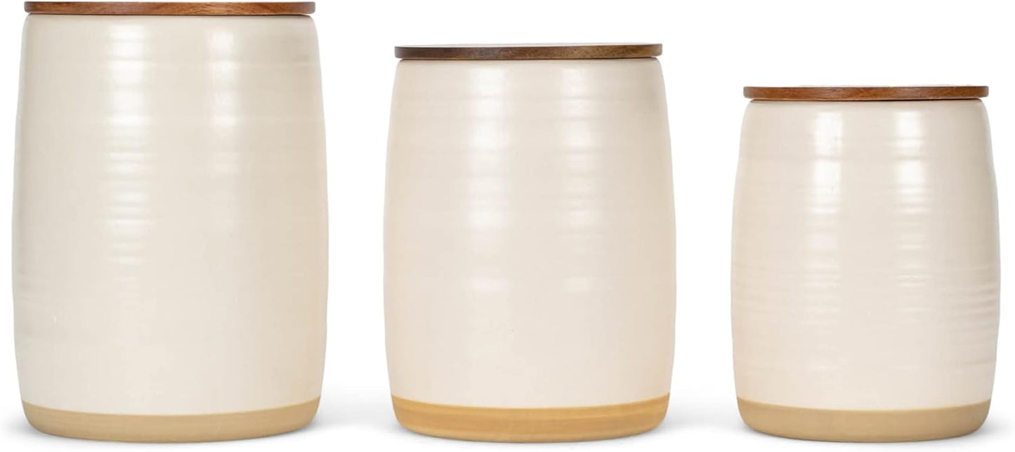 Nat & Jules Lidded Cream 6 inch Ceramic and Wood Kitchen Canisters Set of 3