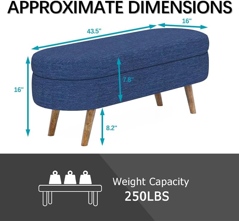 Oval Storage Bench 43.5" Linen Fabric Upholstered Entryway Bench with Solid Wood Legs Ottoman Bench Indoor Bench for Living Room/Bedroom/End of Bed/Entryway (Dark Blue)