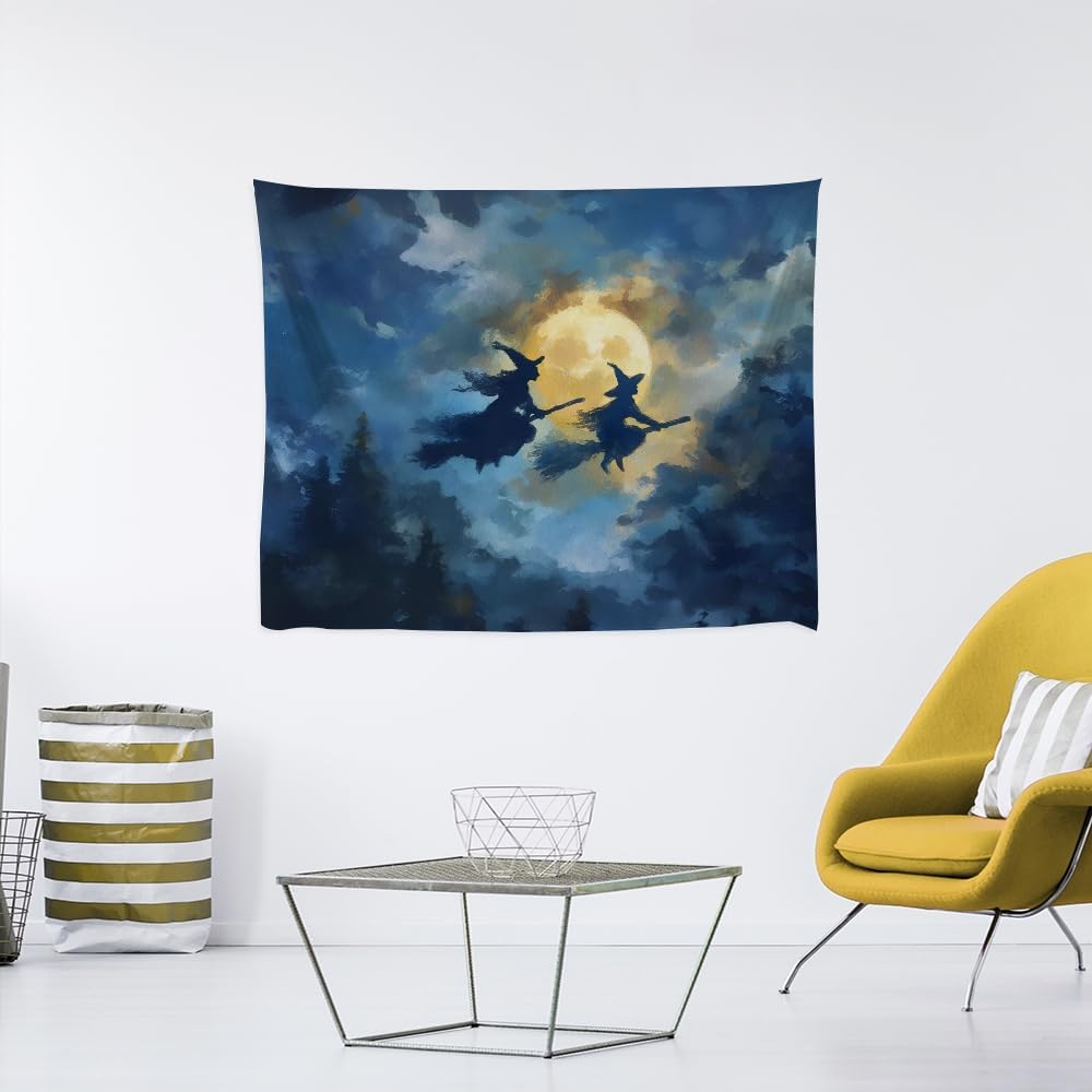Spooky Halloween Witch Tapestry Wall Hanging Dark Fantasy Night Sky Aesthetic Print Flying Witches Under Full Moon Tapestries Horror Ghost Halloween Party Decor for Living Room Bedroom 40x60inch