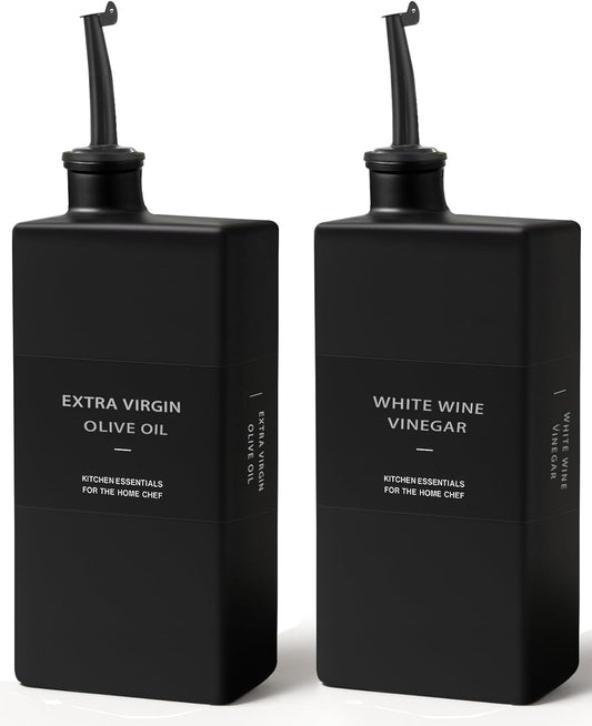 Olive Oil Dispenser Bottle for Kitchen 16.9oz, Glass Oil Bottles and Vinegar Dispenser Set, Decorative Avocado Oil Dispenser Set (Black, Set of 2)