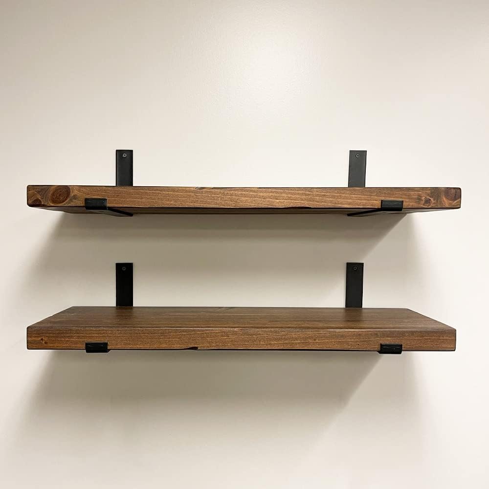 Rustic Shelves with J-Brackets Set of 2, Industrial Shelf, Kitchen Shelves, Solid Wood, Decorative Wall Storage, Heavy Duty, URBANDI (Provincial, 24Wx12D)