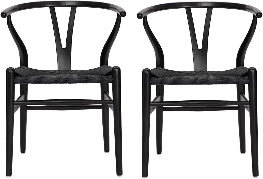 Tomile Set of 2 Bone Chair Solid Wood Y Chair Mid-Century Armrest Dining Chair, Hemp Seat (Wood - Black)