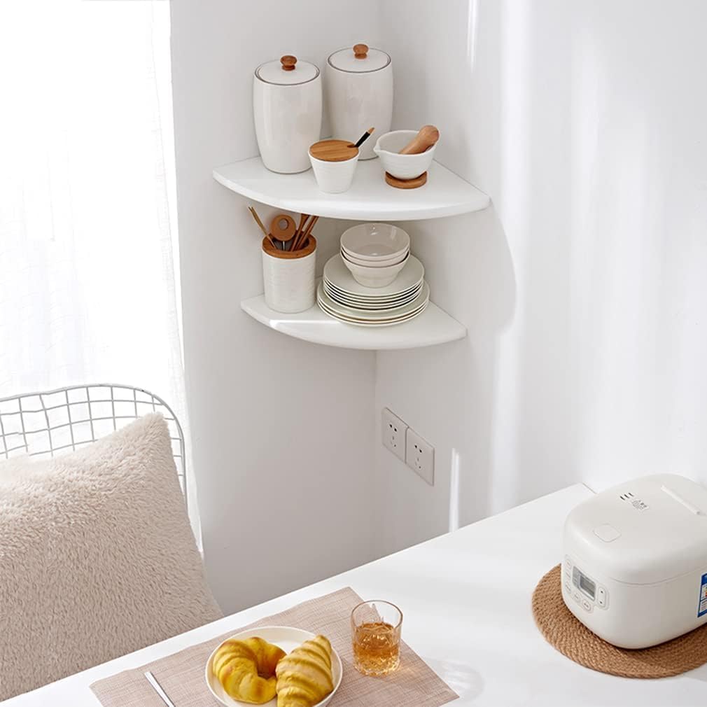 Corner Shelf, White Floating Corner Shelf, Set of 2 10inch Solid Oak Wood Wall Shelves, Round End Wall Mount with Wire Hole for Small Plant for Bedroom Kitchen, Living Room