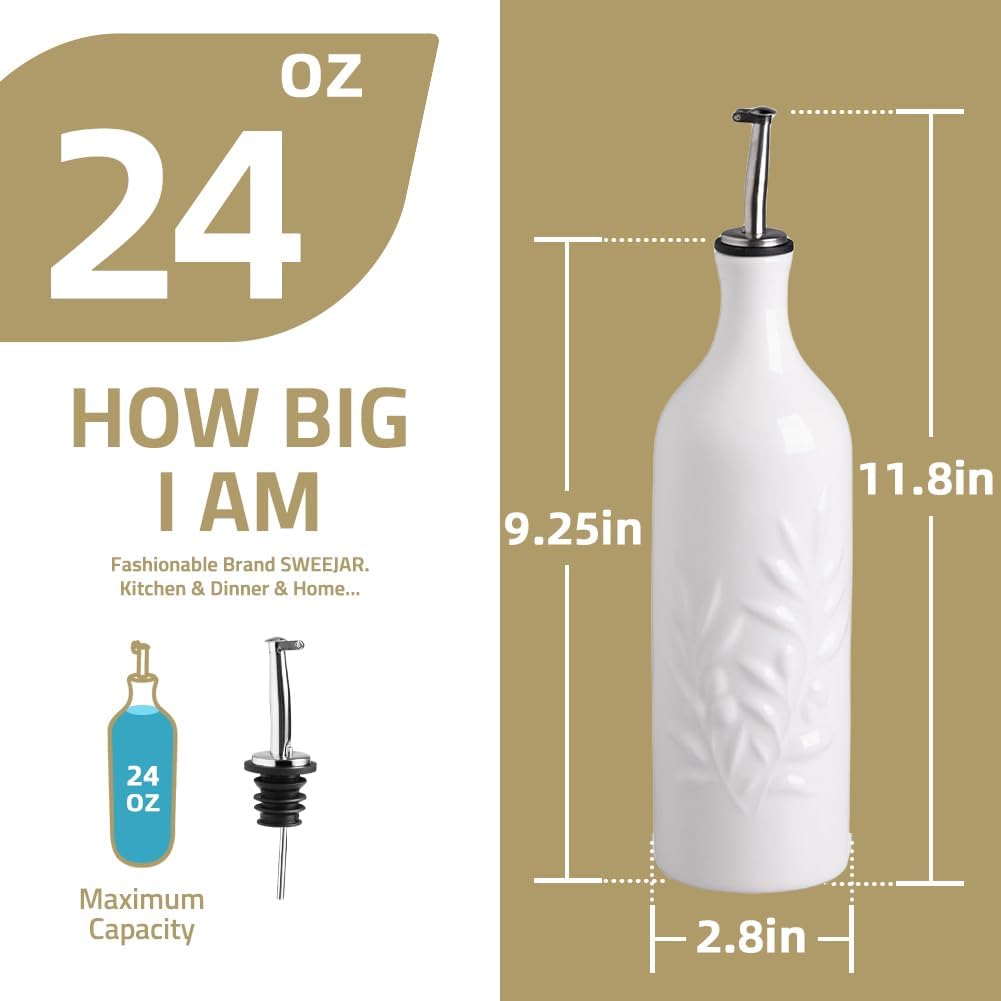 Sweejar Large Ceramic Olive Oil Dispenser Bottle, 24 Oz Relief Opaque Oil Cruet Protects Oil To Reduce Oxidation, Storage Oil, Vinegar, Soy Sauce, Coffee Syrup, Liquids, Set of 1 (White)