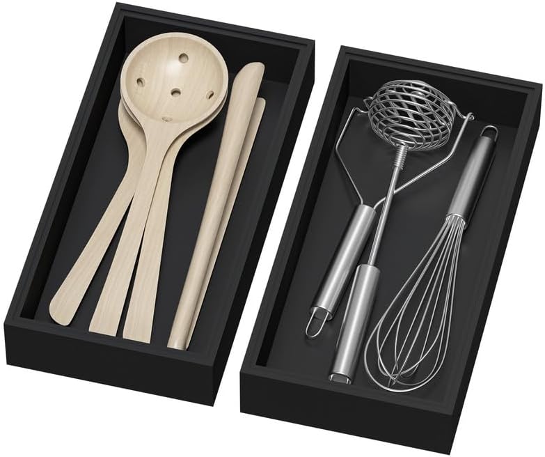 Bamboo Drawer Organizer, Cutlery Silverware Organizer for Kitchen Drawer, Stackable Utensil Organizer, 2 Pcs Flatware Organizer, Wooden Storage Box Tray (Black, 12 X 6 X 2 Inch)