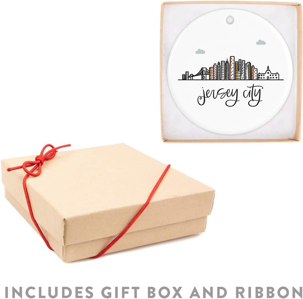 Andaz Press Round Ceramic Porcelain Christmas Tree Ornament Keepsake Gift, Jersey City, Colorful City Skyline Graphic, 1-Pack, Birthday Ideas Family Coworker Him Her, Includes Gift Box