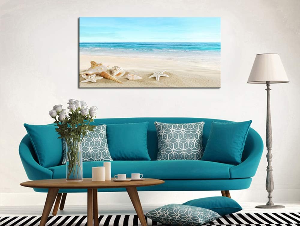DZL Art S73950 Beach Picture Decor Ocean Painting Canvas Wall Art Prints of Starfish and Seashell on Sandy Seaside Ready to Hang for Living Room Bedroom Office Wall Decor Home Decoration