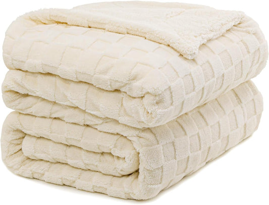 Pawque Super Soft Cozy Throw Blanket Queen Size for Couch Bed, Fluffy Sherpa Fleece Reversible Thick Warm Fuzzy Blanket for All-Season, 3D Checkered Jacquard Decorative Blankets, Cream White, 90"x90"
