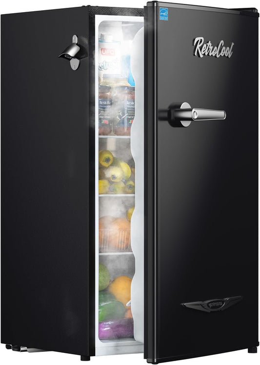 Upstreman 3.2 Cu.Ft Retro Mini Fridge with Bottle Opener, Energy Saving, Adjustable Thermostat, Metal Handle, LED Lamp, Mini Refrigerator for Bedroom, Office, Dorm-BR321 PRO (Black)