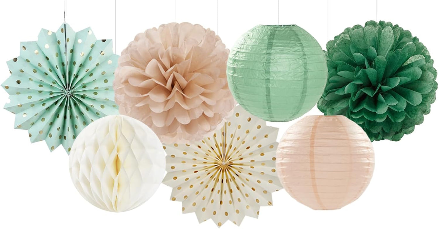 Olive-Sage Green Champagne-Gold Party-Decorations Lanterns - 14pcs Rustic Wedding Paper Fan Streamers,Tissue Pom Poms Honeycomb,Boho Bachelorette Neutral Baby Shower Birthday Bridal Decor Ouruola