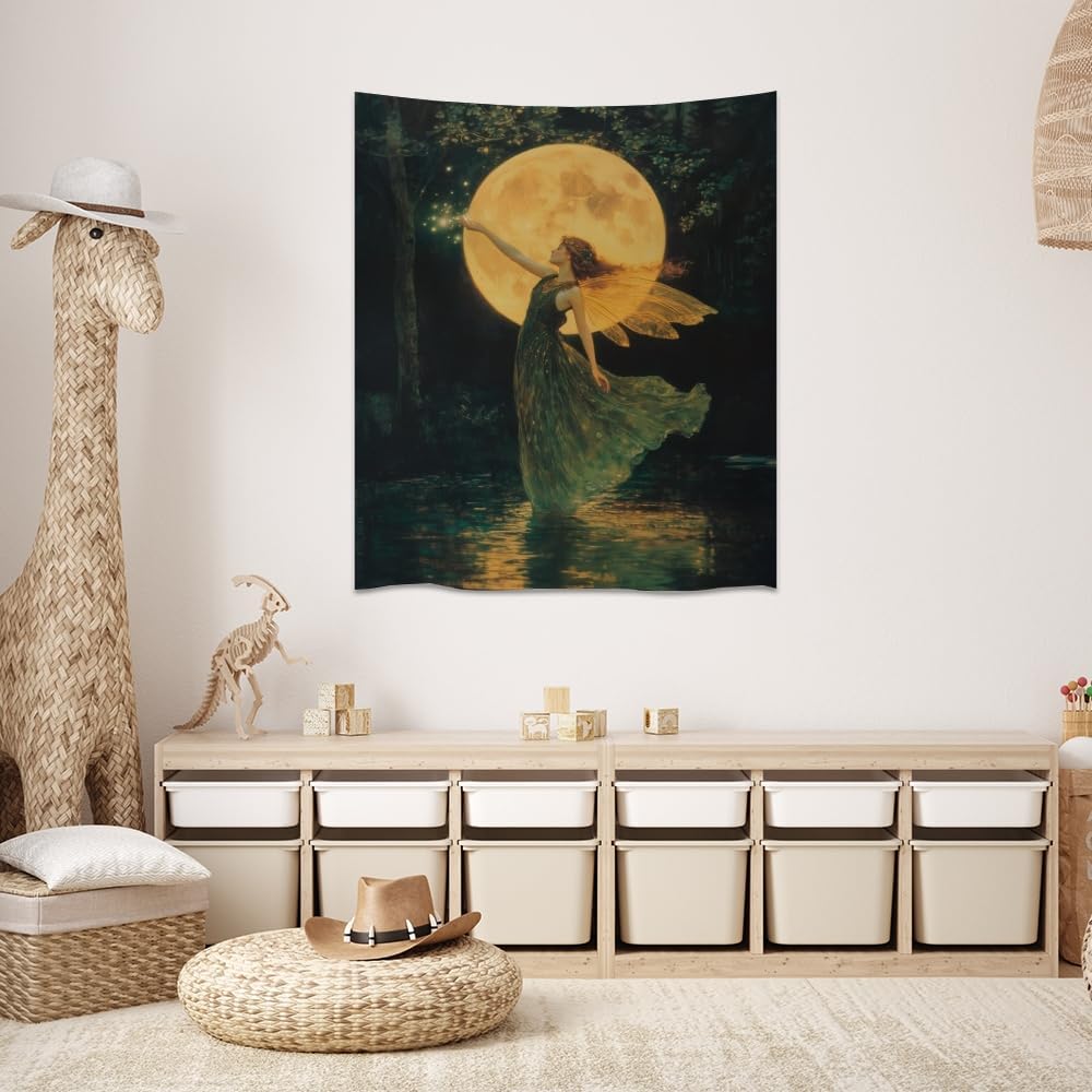 Whimsical Fairy Tapestry Fantasy Moonlight Fae Goddess Print Moody Gothic Aesthetic Wall Hanging Magical Forest Pictures Dark Cottage Witchy Tapestries for Girls Room Bedroom 40x60inch