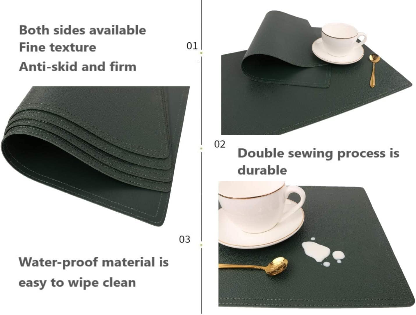 Set of 6 Faux Leather Placemats, PU Table Mats, Waterproof, Stain Resistant, Heat Resistant, Easy to Clean for Kitchen Dining Table,Conference Table C Green Rectangle